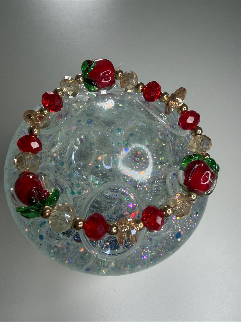 Glass Apple Bead Stretch Bracelet - Red & Gold